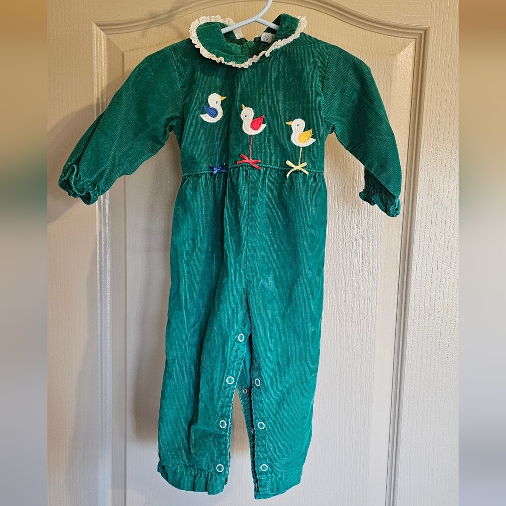 Vintage 80's Thomas Brand Green Corduroy One Piece Long Sleeves And Pants W Snap